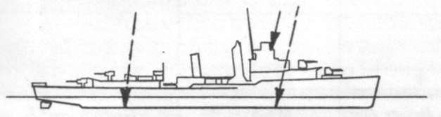 Diagram of DOWNES (DD375) depicting damaged areas
