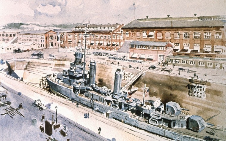 Destroyer in Dry Dock 2 at Puget Sound Navy Yard, 1942. Drawing by Vernon Bailey.
