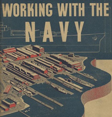 "Working with the Navy" Poster, with flat colors typical of a silkscreen.