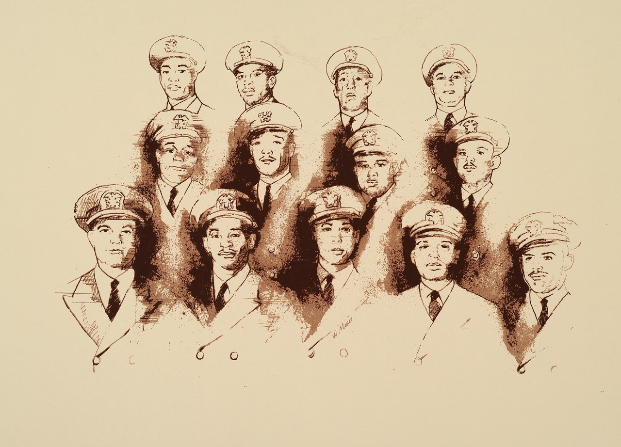 Sketch of first 13 African American commissioned and warrant officers in the U.S. Navy. 