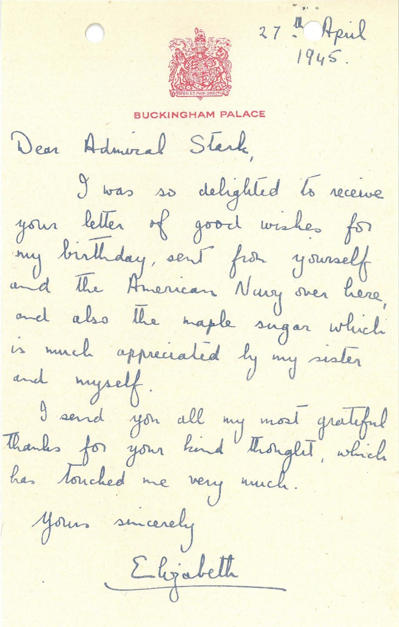 Letter from Princess Elizabeth to Admiral Stark, April 27, 1945