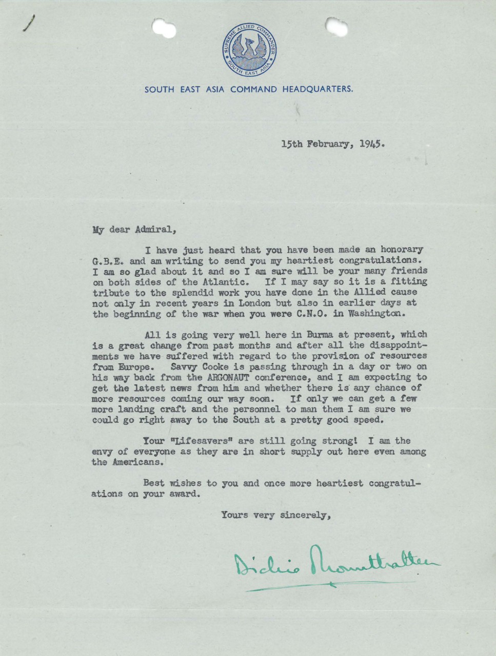 Letter from Lord Mountbatten to Admiral Stark dated Feb. 15, 1945