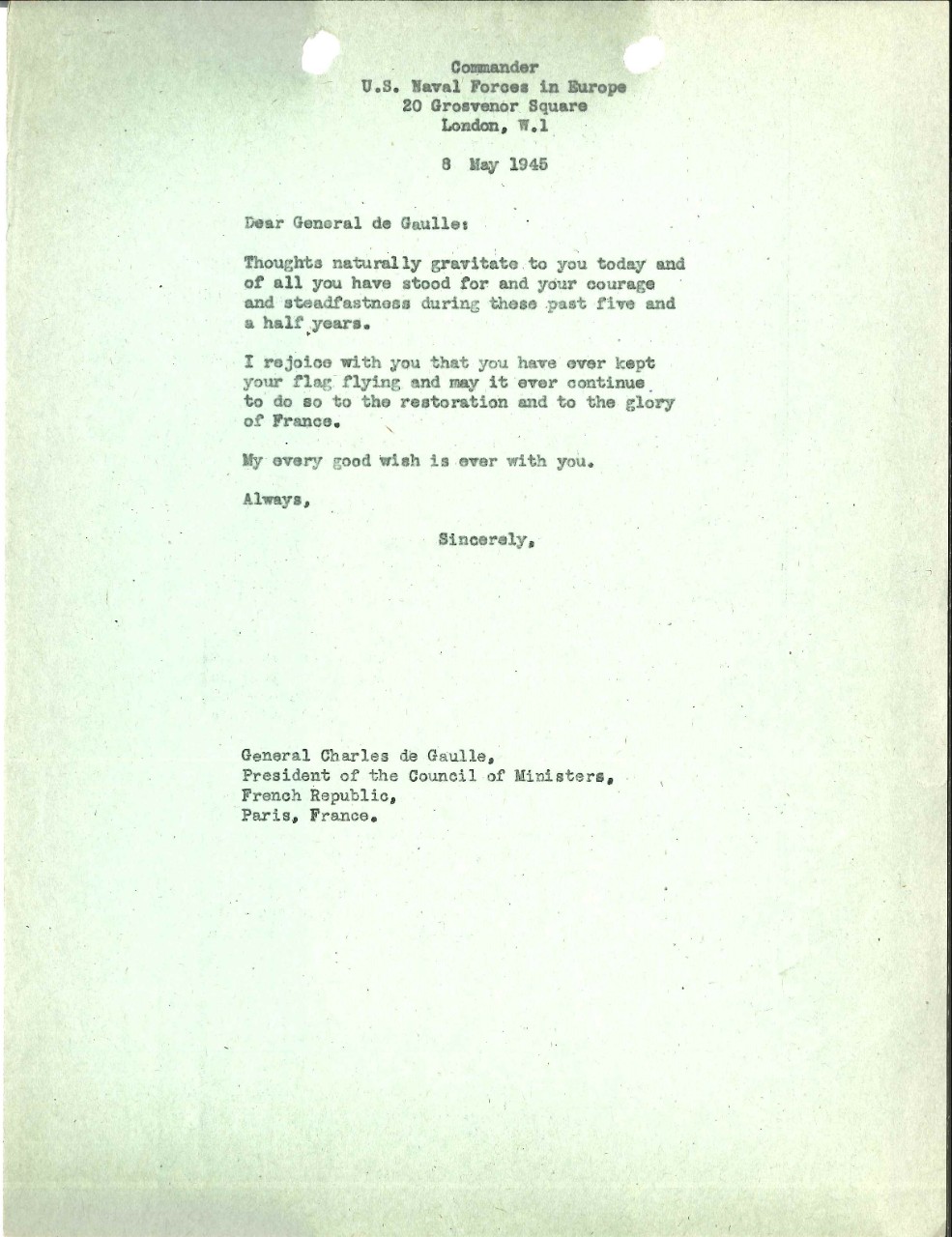 Letter from Admiral Harold Stark to Charles de Gaulle, May 8, 1945