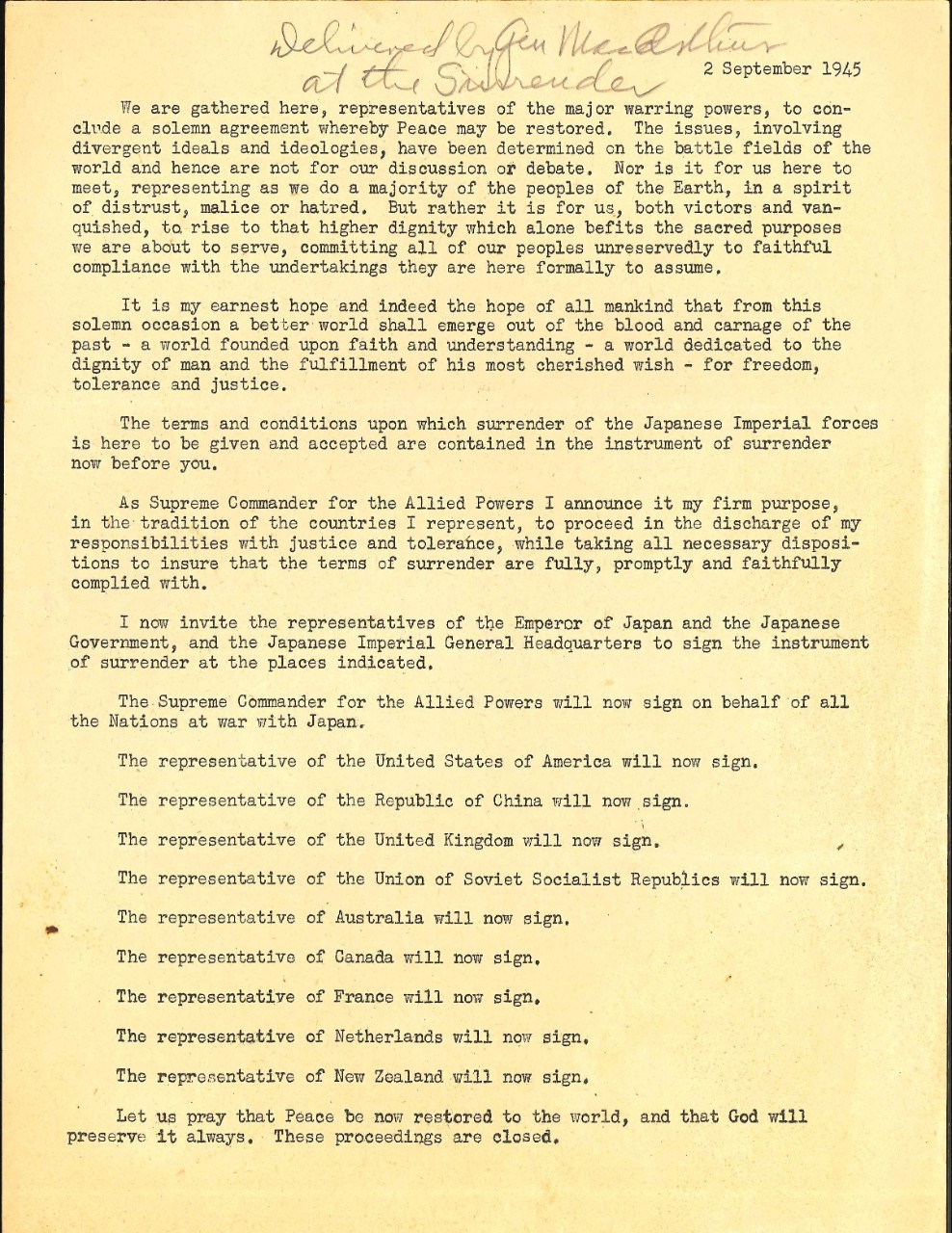 Speech delivered by General MacArthur at the surrender ceremony in Tokyo Bay, Sep. 2, 1945