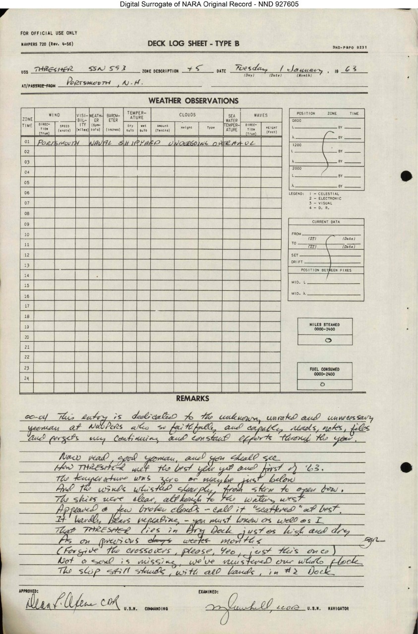 USS THRESHER (SSN-593) 1963 New Year's Deck Log Scan Image 1