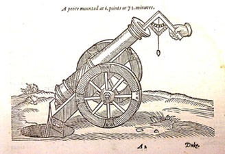 Image at bottom of page 3 of First Book of Colloquies; caption: A peece mounted at 6.points or 72.minutes.