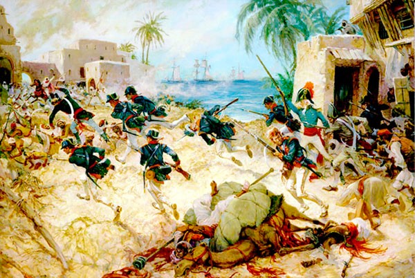 Painting: 'The Assault on Derna, Tripoli, 27 April 1805,' by Charles H. Waterhouse, Marine Corps Art Collection.