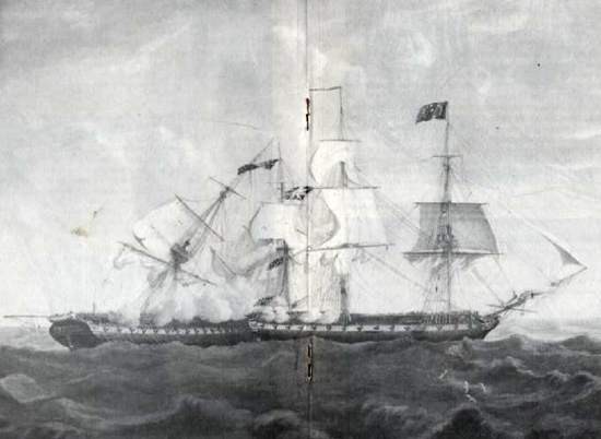 Constitution engaging Guerriere, 19 August 1812. Men can be seen in her foretop and foremast shrouds.