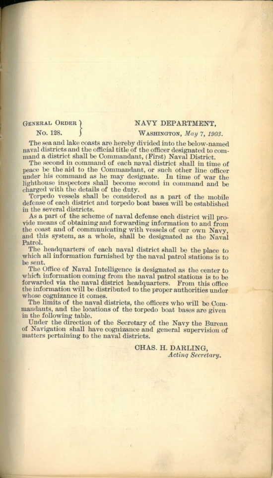 Image of 1st page: Establishment of Naval Districts: General Order No. 128, 7 May 1903