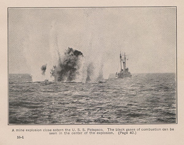 A mine explosion close astern the U. S. S. Patapsco. The black gases of combustion can be seen in the center of the explosion. (Page 40.)