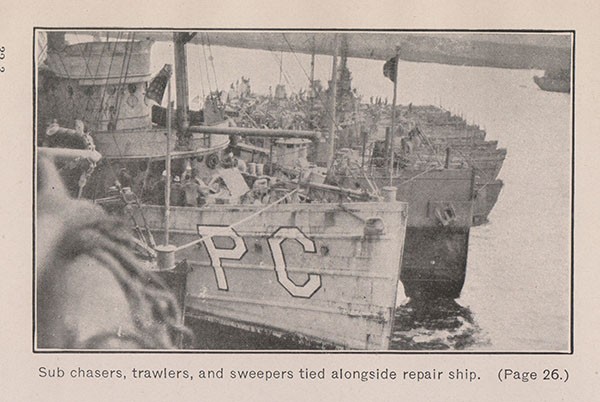 Sub chasers, trawlers, and sweepers tied alongside repair ship. (Page 26.)