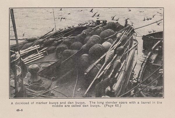 A deckload of marker buoys and dan buoys. The long slender spars with a barrel in the middle are called dan buoys. (Page 68.)