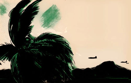 Color sketch of aircraft above palms and mountains.