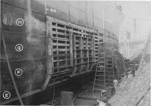 Photo 2: USS ELECTRA - starboard side looking forward and showing the outside of the large patch over the torpedo hole.