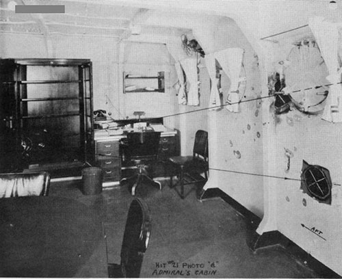 Photo 25: Admiral's cabin looking aft and showing path of Hit Ho. 21 (5").