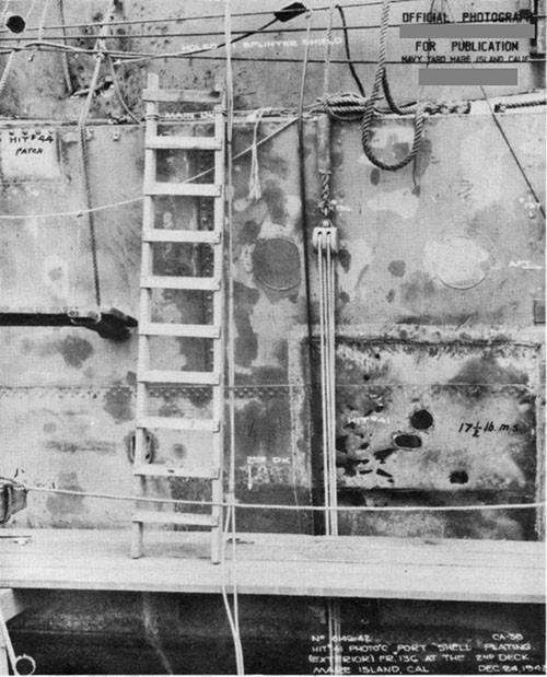 Photo 43: Hit No. 45 (8") looking at port shell plating. This hit (probably a ricochet) exploded just before hitting the ship.