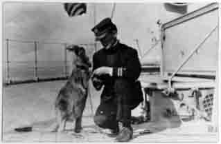 Lieutenant John E. Lewis, USN, with a mascot kangaroo on board Connecticut.