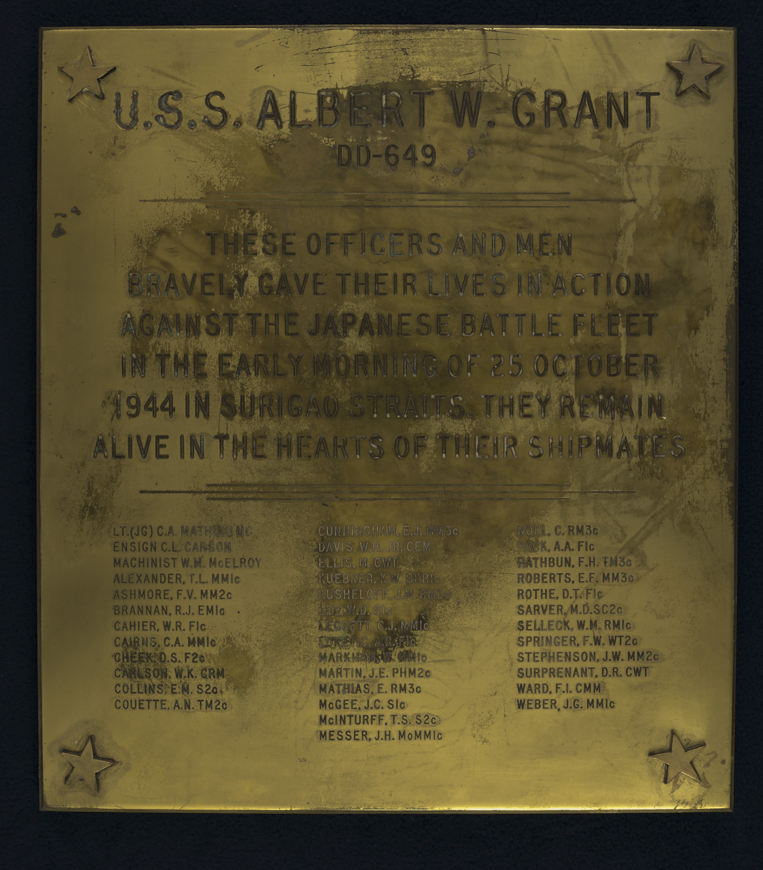 Uss Albert W Grant Dd 649 Battle Of Leyte Gulf Memorial Plaque