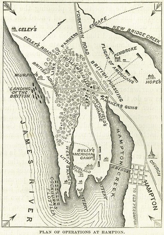map showing the British operations in Hampton, War of 1812