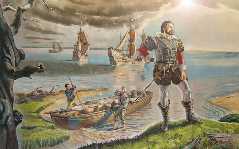 Explorer in iron armor stands on the land with ships in the background