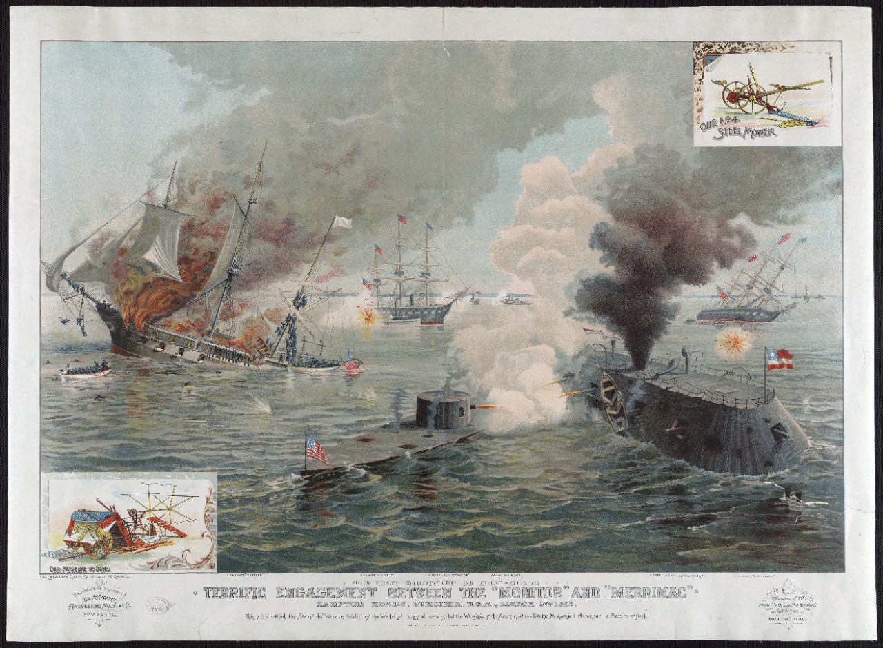 Two ironclad ships fight in the front while wooden ships burn in the background