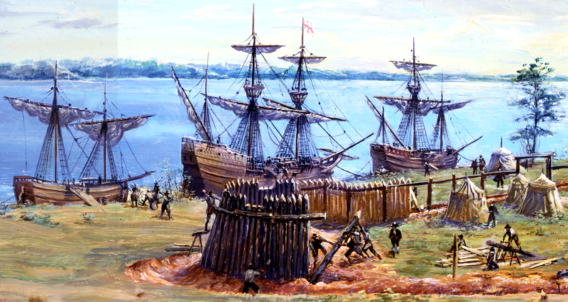 Settlers constructing a fort at Jamestown with three wooden sailing ships in the background
