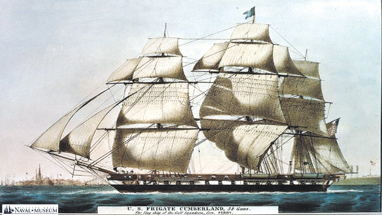 Artists rendition of the USS Cumberland, showing full sails