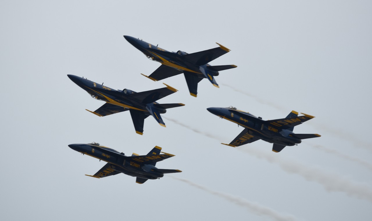 160403-N-SX614-556:  Blue Angels Maneuver:  Double Farvel.   F/A-18 Hornet aircraft, April 2016.    U.S. Navy Flight Demonstration Squadron perform a Double Farvel formation at a Naval Air Station, Key West, Florida, air show, the Southernmost Air Spectacular, April 3, 2016.   Photographed by Mass Communication Specialist 3rd Cody R. Babin, USN.   Official U.S. Navy Photograph.   