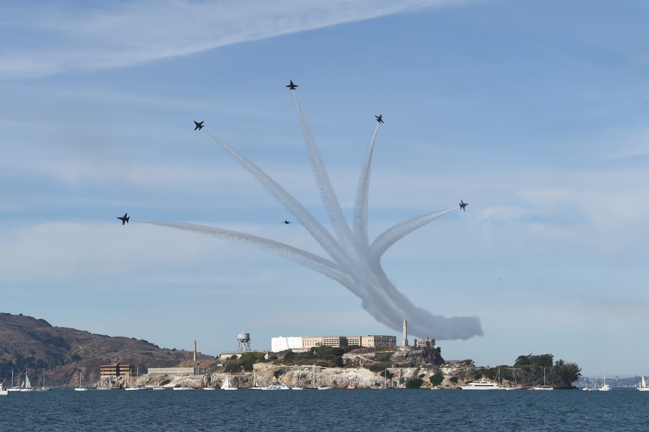 161007-N-ZG607-833:   Blue Angels Maneuver:  Delta Breakout.   F/A-18 aircraft, October 2016.  U.S. Navy Flight Demonstration Squadron, the Blue Angels, perform a Delta Breakout over Alcatraz Island at the We Are Fleet Week San Francisco Air Show, October 7, 2016. The Blue Angels are scheduled to perform 56 demonstrations at 29 locations across the U.S. in 2016, which is the team's 70th anniversary year.   Photographed by (Seaman Dominick A. Cremeans.   Official U.S. Navy photograph.  