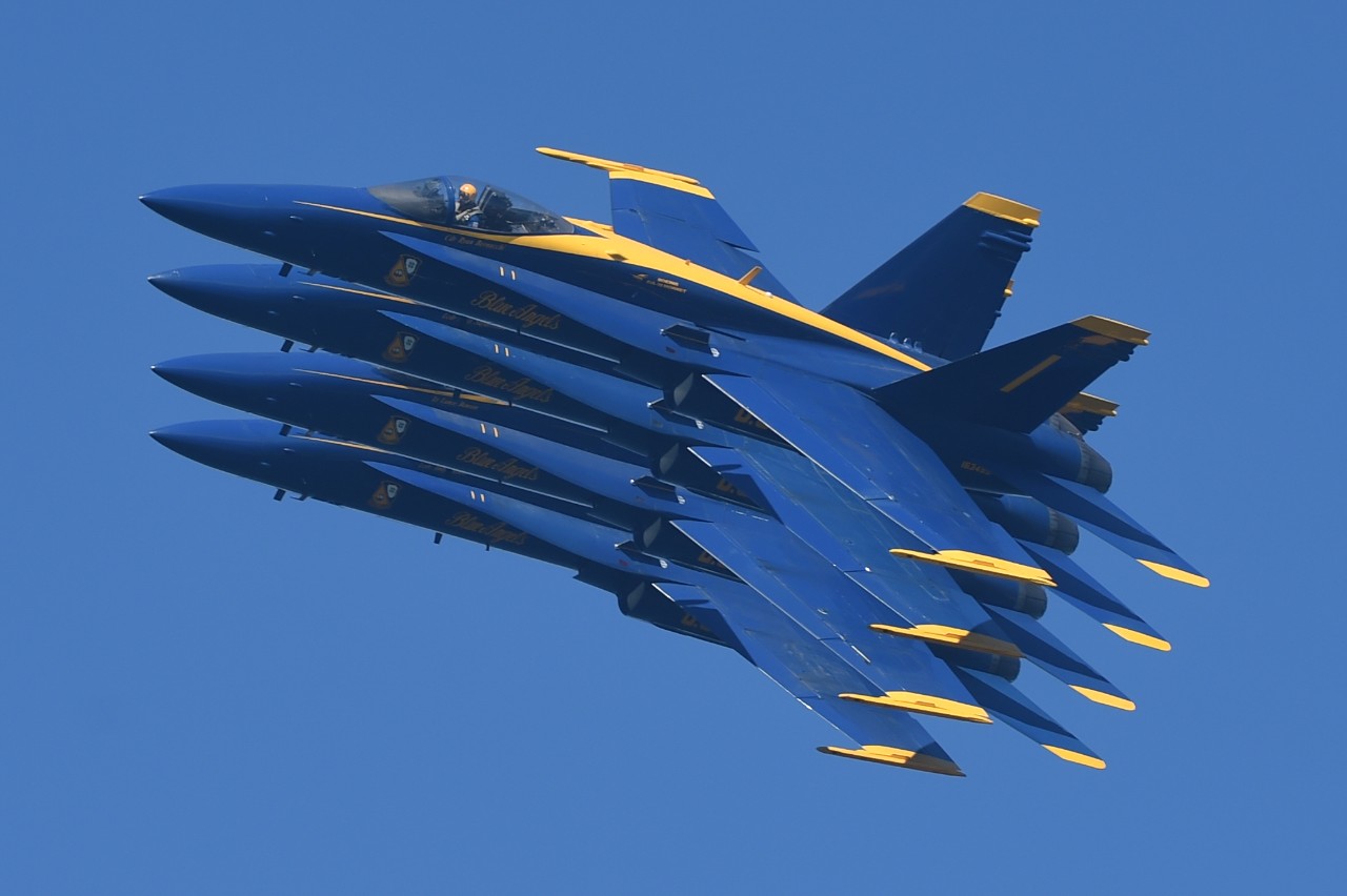 161008-N-ZG607-085:  Blue Angels Maneuver:  Diamond Echelon Parade.   F/A-18, October 2016.  U.S. Navy Flight Demonstration Squadron, the Blue Angels, perform an Echelon Parade at the We Are Fleet Week San Francisco Air Show, October 8, 2016. The Blue Angels are scheduled to perform 56 demonstrations at 29 locations across the U.S. in 2016, which is the team's 70th anniversary year.  Photographed by Seaman Dominick A. Cremeans.  Official U.S. Navy photograph.  