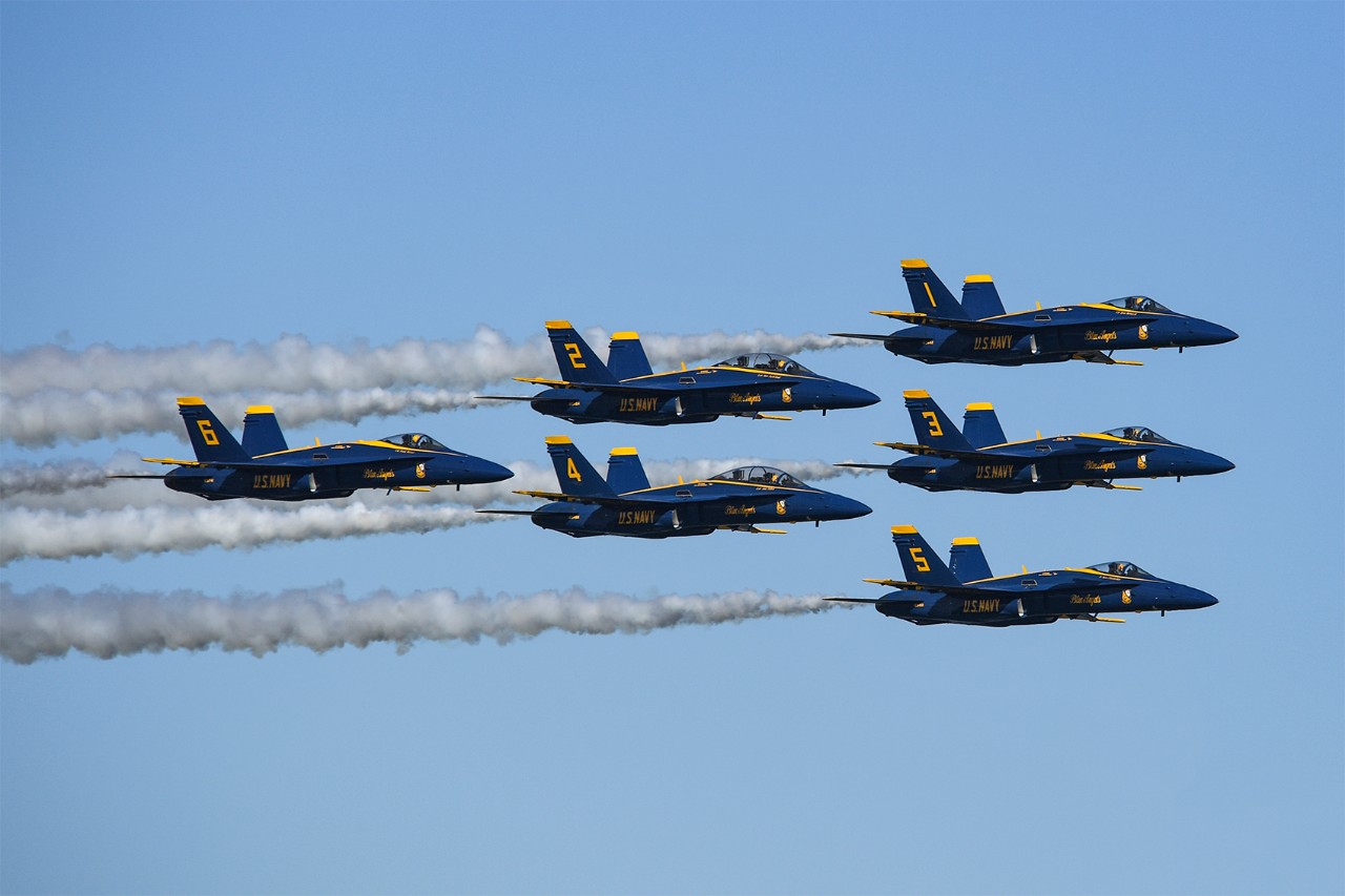161105-N-UK306-641:  Blue Angels Maneuver:  Delta Formation.   F/A-18C Hornets from the U.S. Navy Flight Demonstration Squadron, the Blue Angels, perform an aerial demonstration during the 2016 Sea and Sky Spectacular in Jacksonville Beach, Florida, November 5, 2016. The show also featured aerial performances by other military and civilian flight teams, live entertainment, and the opportunity to see military aircraft and vehicles and the U.S. Special Operations Command Parachute Team.  Photographed by Petty Officer 2nd Class Timothy Schumaker.   Official U.S. Navy Photograph.   330-CFD-DN-SC-84-09554:  Blue Angels Maneuver:  Delta Head On/Opposing.  A-4F Skyhawk, 1984.   An-air-to-air underside view of A-4F Skyhawk aircraft performing the beginning of a Delta Head On/Opposing Maneuver.   Photographed by PH2 Paul O’Mara.  Official U.S. Navy Photograph.