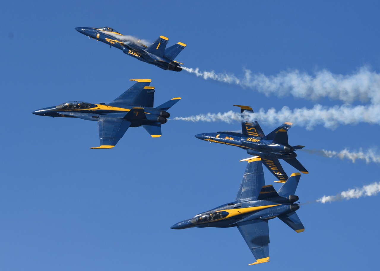 171104-N-TP832-728:  Blue Angels Maneuver:  Diamond Loop.    F/A-18C Aircraft, November 2017.   F/A-18C Hornets from the U.S. Navy Flight Demonstration Squadron, the Blue Angels, perform an aerial demonstration during the Naval Air Station (NAS) Jacksonville Airshow, November 4, 2017. The show celebrated the Blue Angles’ heritage, which traces back to 1946 at the squadron’s birthplace of NAS Jacksonville. The show also featured aerial performances by other military and civilian flight teams, live entertainment, and the opportunity to see military aircraft and vehicles and the U.S. Special Operations Command Parachute Team.  Photographed by Mass Communication Specialist 3rd Class Michael Lopez.  Official U.S. Navy Photograph.  