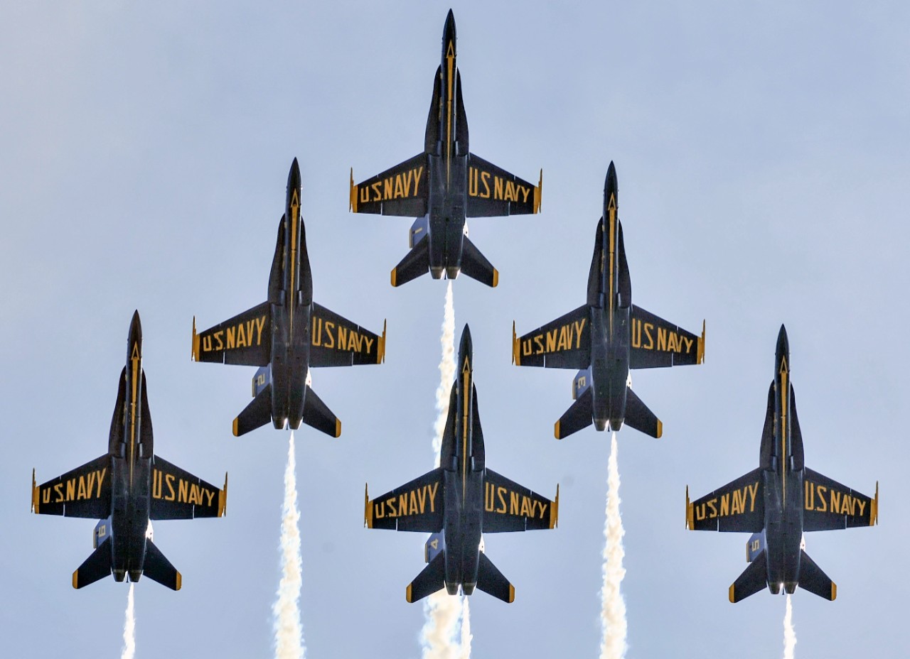 180426-N-IR734-4477:   Blue Angels Maneuver:   Delta Roll.  The Blue Angels Delta formation performs a delta roll at the Wings Over Myrtle Beach, South Carolina, air show, April 26, 2018.   The Blue Angels are scheduled to perform more than 60 demonstrations at more than 30 locations across the U.S. and Canada in 2018.  Photographed by Mass Communication Specialist 1st Class Ian Cotter.  Official U.S. Navy Photograph.  