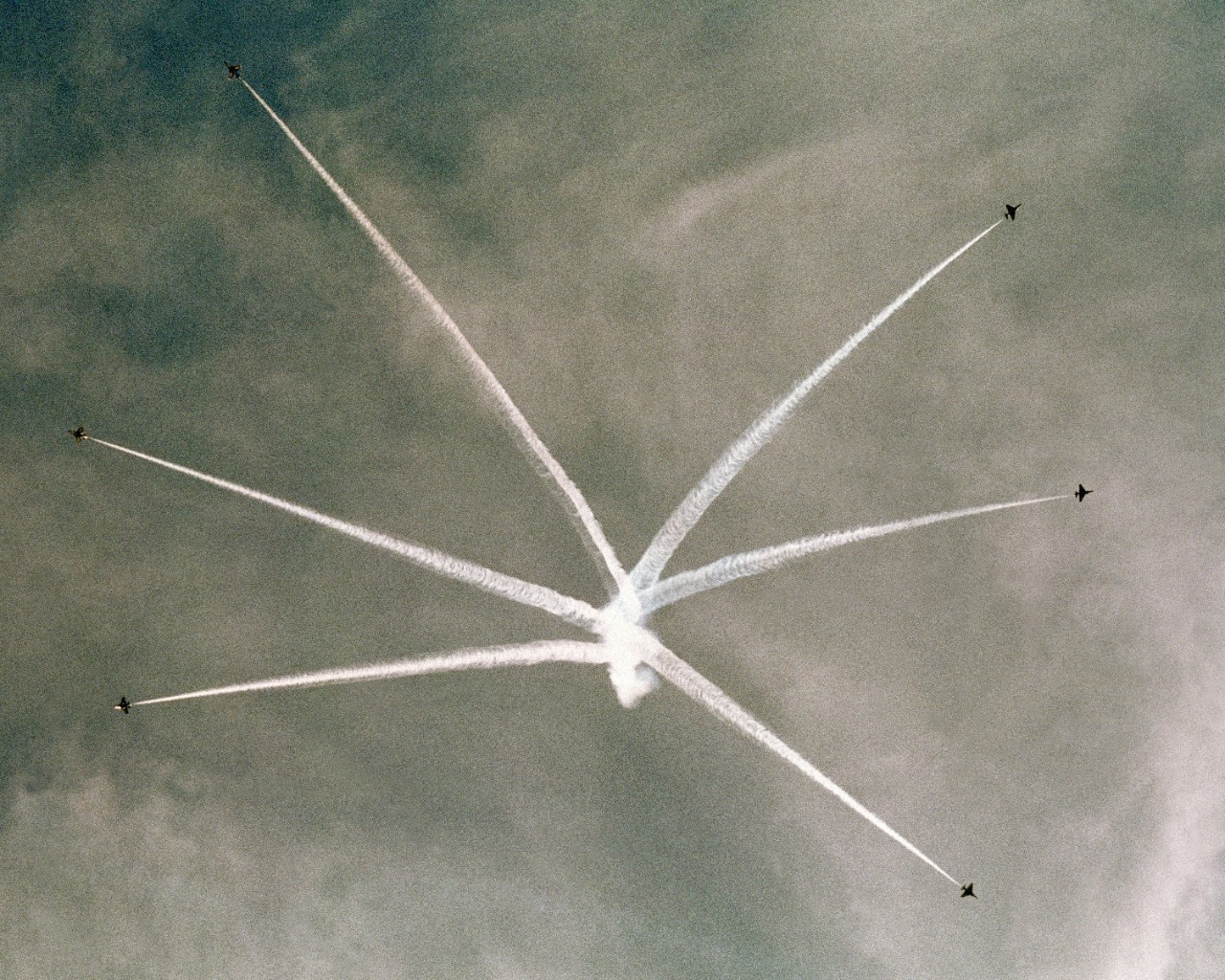 330-CFD-DN-SC-84-09553:   Blue Angels Maneuver:  High-Show Bomb Burst.  Six A-4F Skyhawks, July 1984.   Photographed by PH2 Paul O’Mara.  Official U.S. Navy Photograph now in the collections of the National Archives.  