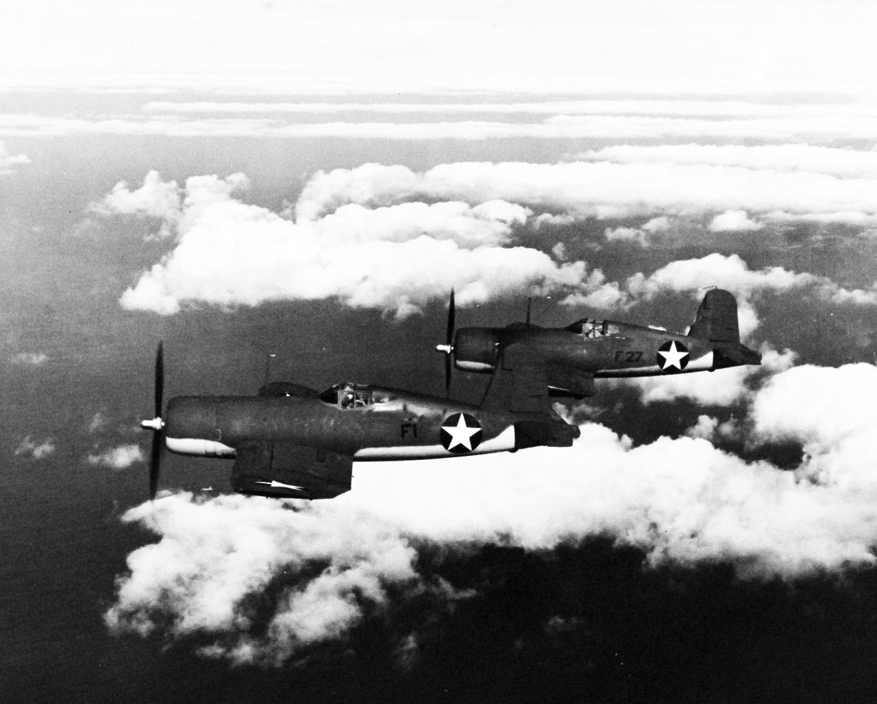 80-G-62033:  Vought F4U Corsair, February 1943.  Corsair is shown in  flight, February 1943.  Official U.S. Navy Photograph, now in the collections of the National Archives.  