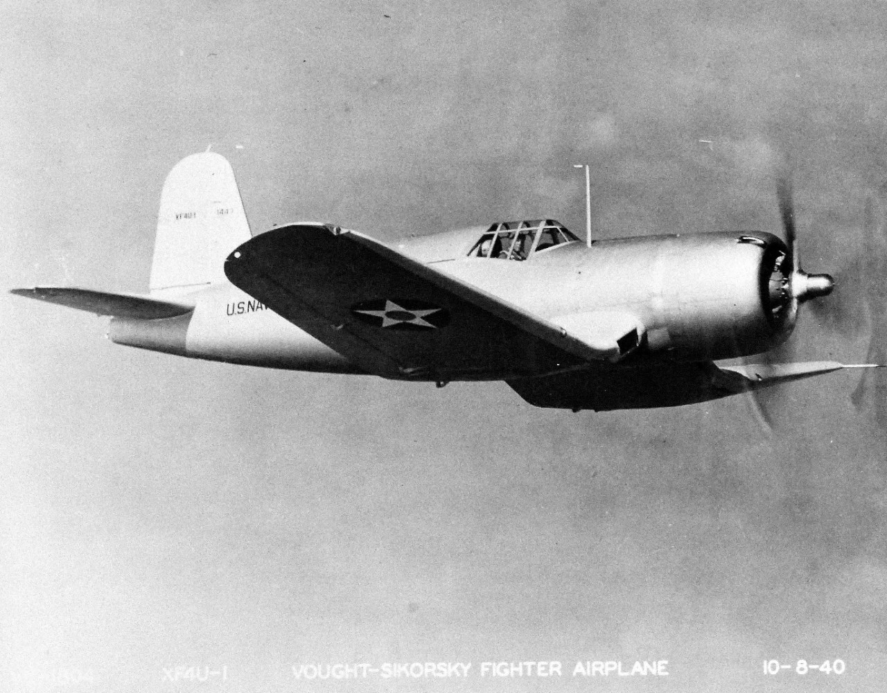 80-G-65009:   Vought XF4U-1 aircraft, October 1940.   This aircraft was the prototype for the Corsair.  Photographed on October 8, 1940.   Official U.S. Navy Photograph, now in the collections of the National Archives.  
