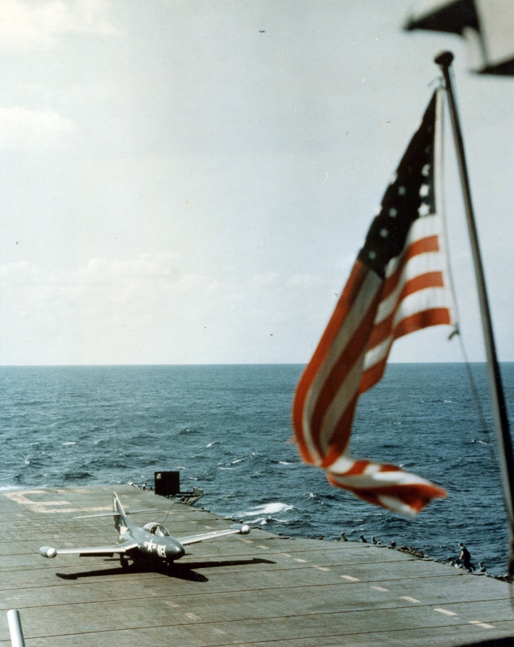 80-G-K 11674:   Grumman F9F Panther, January 1951.  Panther after landing on board USS Leyte (CV-32) during flight operations off the coast of Japan.   Photographed circa February 1951.    US Navy photograph, now in the collections of the National Archives.