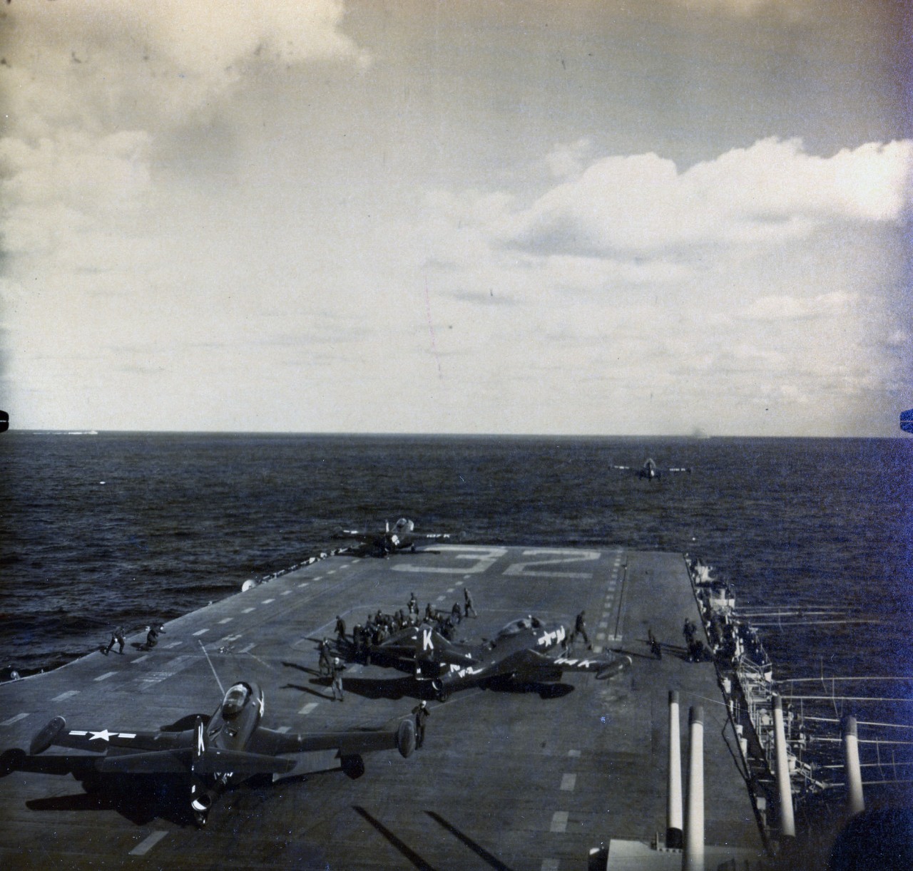 80-G-K-11871: Grumman F9F Panthers, May 1951.  Two Panther of VF 31 are catapulted almost simultaneously as others move into position on board USS Leyte (CV 32) in Korean Waters, 21 May 1951.   US Navy Photograph, now in the collections of the National Archives.  