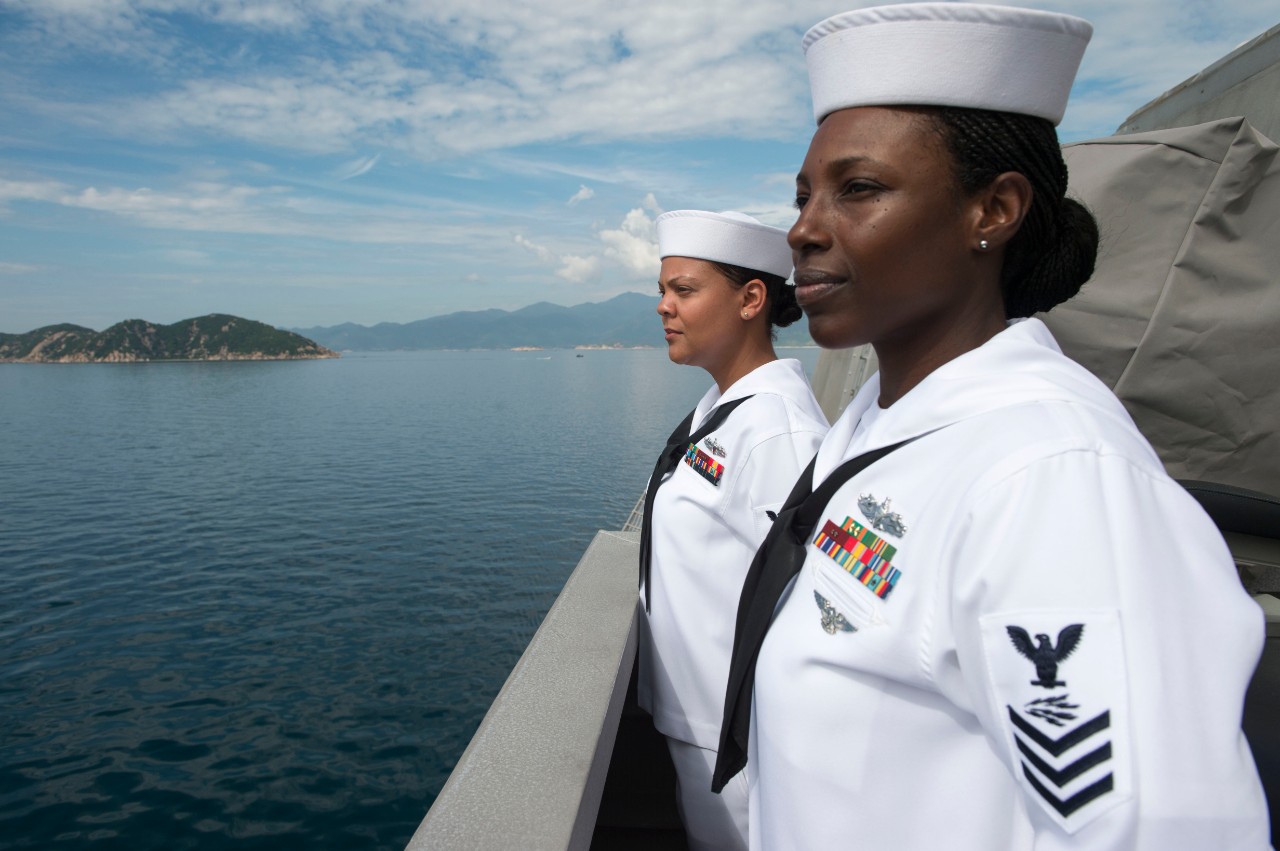 170611-N-PD309-033:   USS Coronado (LCS-4), June 2017.    Information Systems Technicians 1st Class Christina Meno, left, and Teresa Henderson man the rails of the littoral combat ship USS Coronado (LCS 4) as the ship prepares to moor in Cam Ranh Bay, Vietnam, for a scheduled maintenance availability. Coronado is on a rotational deployment in U.S. 7th Fleet area of responsibility, patrolling the region's littorals and working hull-to-hull with partner navies to provide the U.S. 7th Fleet with the flexible capabilities it needs now and in the future.  Photographed on June 11, 2017 by Mass Communication Specialist 3rd Class Deven Leigh Ellis.  Official U.S. Navy photograph, now in the collections of the National Archives.  