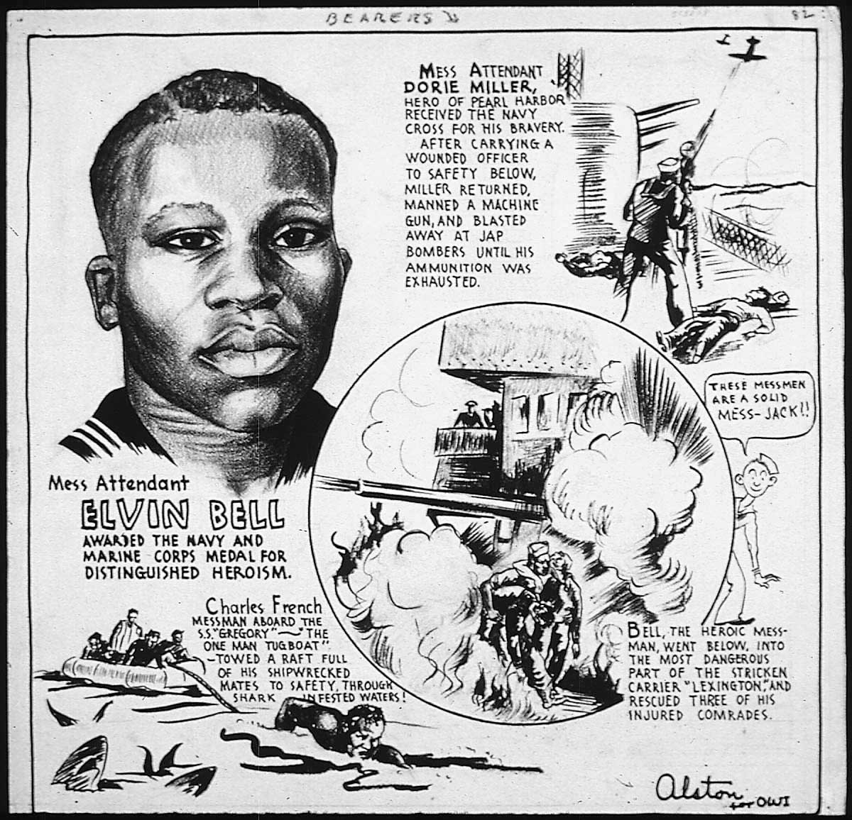 208-COM-226:  Artwork on Doris Miller and Elvin Bell for their heroism, 1941-1942.   Artwork by Charles H. Alston.  Miller received the Navy Cross for his actions at Pearl Harbor during the Japanese Attack on December 7, 1941.   During the Battle of the Coral Sea, Machinist’s Mate Apprentice Third Class Elvin Bell, USN, received the Navy and Marine Corps Medal for his heroism for saving three other Sailors during an explosion onboard USS Lexington (CV-2) after being hit by Japanese bombs during the Battle of the Coral Sea on May 8, 1942.   Also included is Messman Charles French who saved a raft full of shipmates through shark-infested waters.  Official War of Information photograph, now in the collections of the National Archives.  