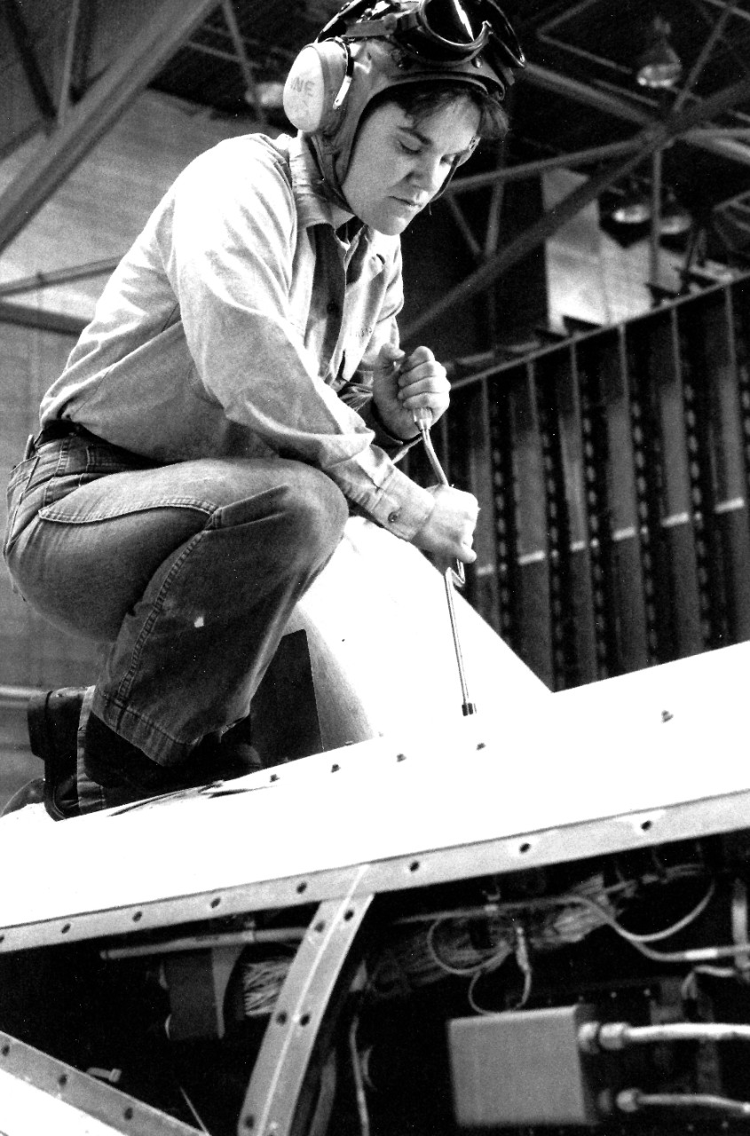 330-CFD-DN-SN-89-01703:   Aviation Structural Mechanic H Airman Lynne Courtney, 1988.  Courtney rigs the flap system on the wing of an A-7 Corsair II aircraft at Naval Air Station, Lemoore, California.   Photograph by JO3 Cyndi Reilly and received November 22, 1988.    Official U.S. Navy Photograph, now in the collections of the National Archives.