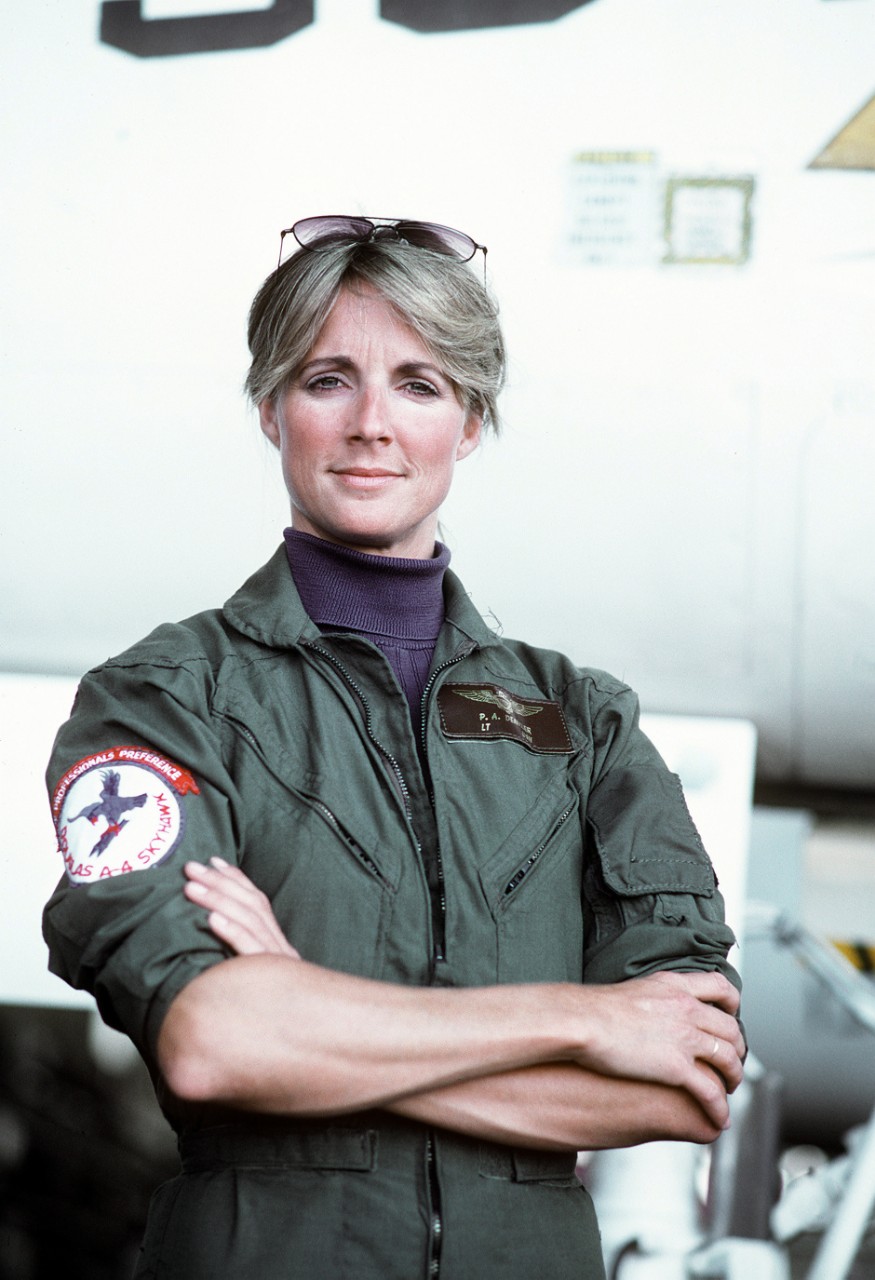 330-CFD-DN-ST-82-03603:  Lieutenant Patricia A. Denkler, USN, September 1981.   Lieutenant Denkler was the first women to be carrier qualified in a jet aircraft when she landed onboard USS Lexington (AV-16).   Official U.S. Navy photograph, now in the collections of the National Archives.  