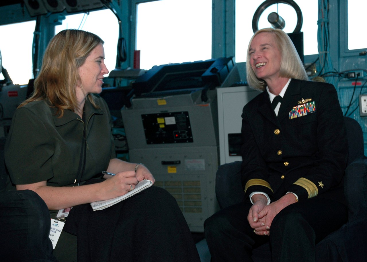 48471:   Rear Admiral Carol M. Pottenger, 2007.    Pottenger, Commander, Task Force 76, is interviewed by Jodie O’Brien of the Courier Mail Queensland Newspaper on board USS Juneau (LPD-10) during the ship’s port visit in Brisbane, Australia, June 8.   Juneau is preparing to participate in Exercise Talisman Saber 07 (TS07), a U.S. and Australian lead joint task force operation that prepares the two militaries for crisis action planning and execution of contingency operations.   Photographed June 7, 2007.    Official U.S. Navy Photograph, now online at DVIDS.  