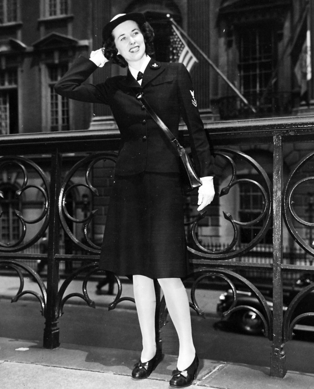 80-G-46605:  Service Dress, Blue B (front), June 1944.  Correct uniforms worn by enlisted personnel of the Women’s Reserve, U.S. Naval Reserve, are modeled by Specialist (R)2c Jeanne Henry, attached to the Office of Naval Officer Procurement, in New York City.  This uniform calls for navy blue and white hat and white gloves.  Enlisted personnel wear the white shirt only for dress occasions.  Released June 22, 1944.  U.S. Navy Photograph, now in the collections of the National Archives.  