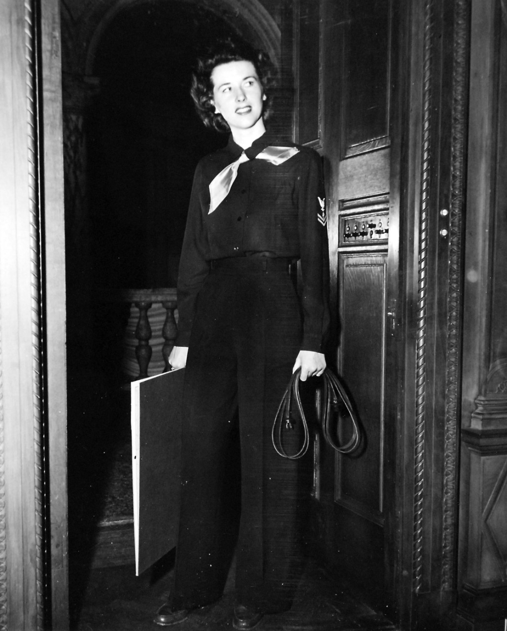 80-G-46610:  Slacks (Special Work), June 1944.  Correct uniforms worn by enlisted personnel of the Women’s Reserve, U.S. Naval Reserve, are modeled by Specialist (R)2c Jeanne Henry, attached to the Office of Naval Officer Procurement, in New York City.  This garment is work for special work when prescribed.  Released June 22, 1944.  Official U.S. Navy Photograph, now in the collections of the National Archives.  