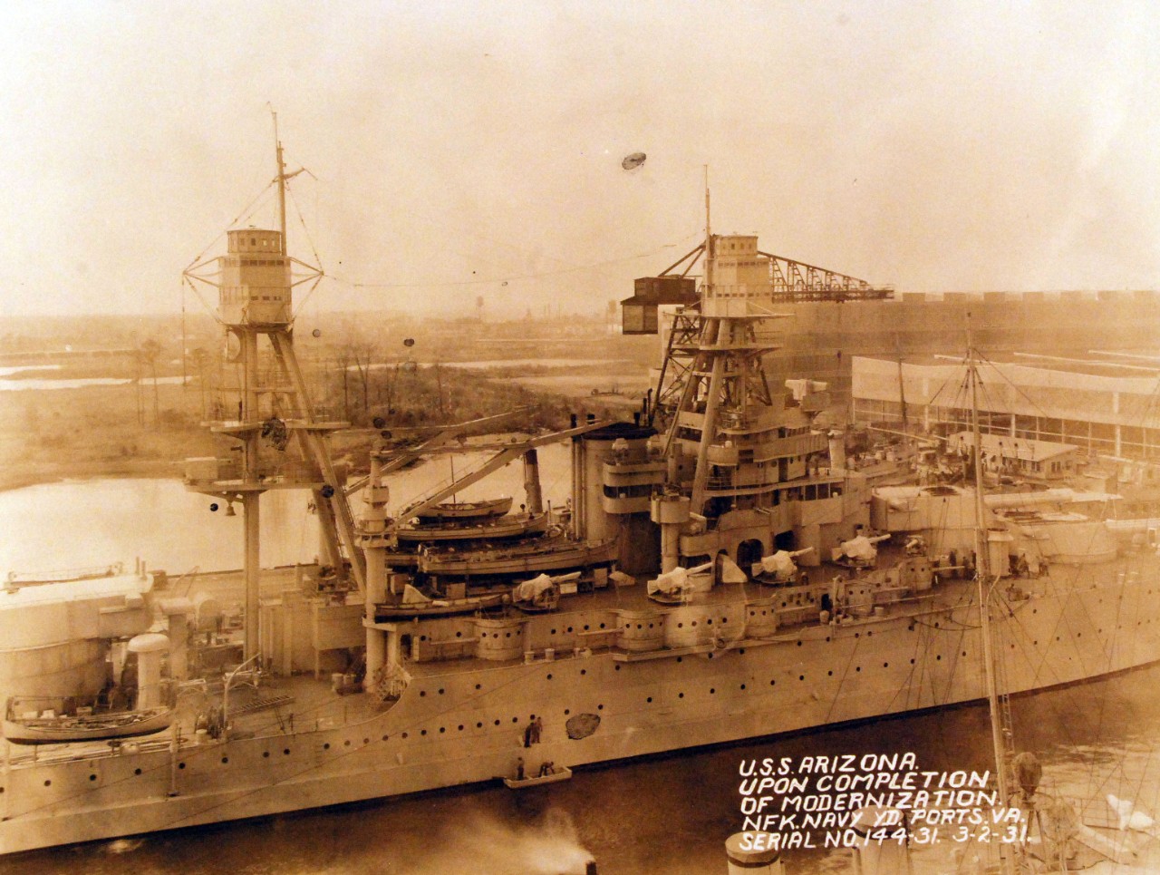 <p>19-LC-19B-4: USS Arizona (BB 39) upon completion of modernization at Norfolk Navy Yard, Portsmouth, Virginia, 2 March 1931.&nbsp;</p>
