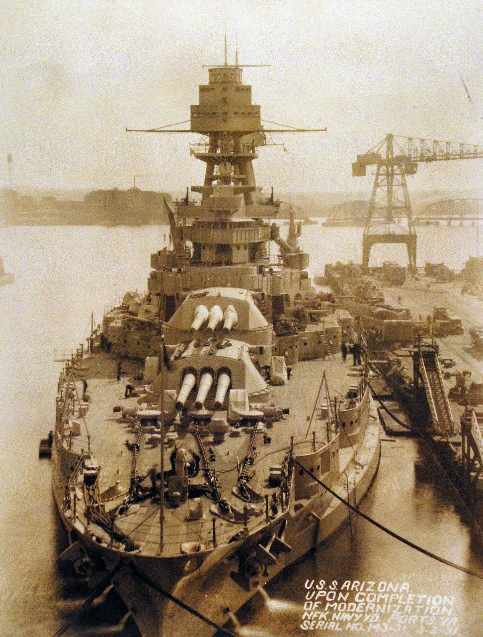 <p>19-LC-19B-5:&nbsp; USS&nbsp;<i>Arizona&nbsp;</i>(BB 39) upon completion of modernization at Norfolk Navy Yard, Portsmouth, Virginia, 2 March 1931.&nbsp; &nbsp;</p>
