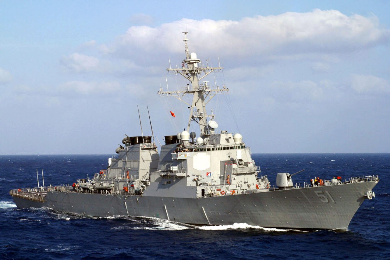 0303130-N-0115R-077:   USS Arleigh Burke (DDG-51), 2003.    Guided-missile destroyer steams through the Mediterranean Sea conducting missions in support of Operation Enduring Freedom.   Photograph by JO2 Patrick Reilly, March 13, 2003.   Official U.S. Navy Photograph.   
