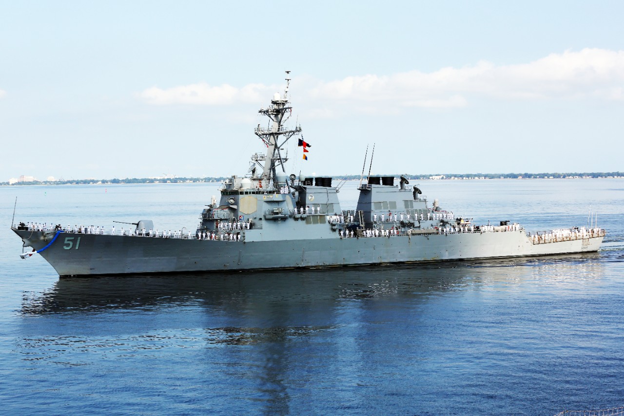 120731-N-UM734-001:   USS Arleigh Burke (DDG-51), 2012.   Guided-missile destroyer returns home from deployment at Norfolk, Virginia, July 31, 2012.    Photograph by MC1 Tommy Lamkin.   Official U.S. Navy Photograph.   
