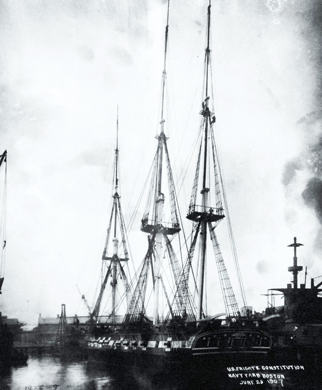 19-N-13348:   USS Constitution, 1907.   Constitution at the Boston Navy Yard, 29 June 1907.   Official Bureau of Ships Photograph, now in the collections of the National Archvies.    (2014/7/9).